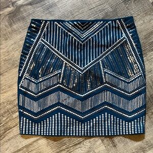 Express Teal and Silver Patterned Pencil Skirt